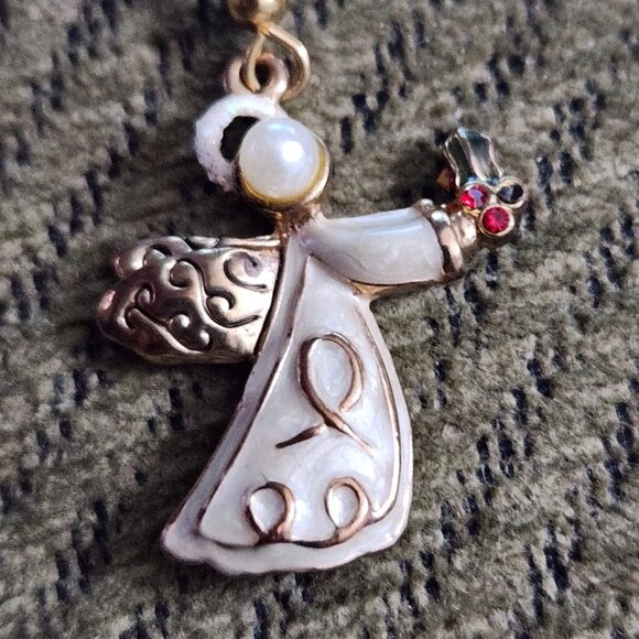 Vintage Angel Dangle Loop Earrings White Enamel Pearl Red Rhinestone Spiritual - Picture 2 of 4